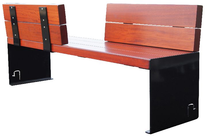 Banc en acier et acajou face à face